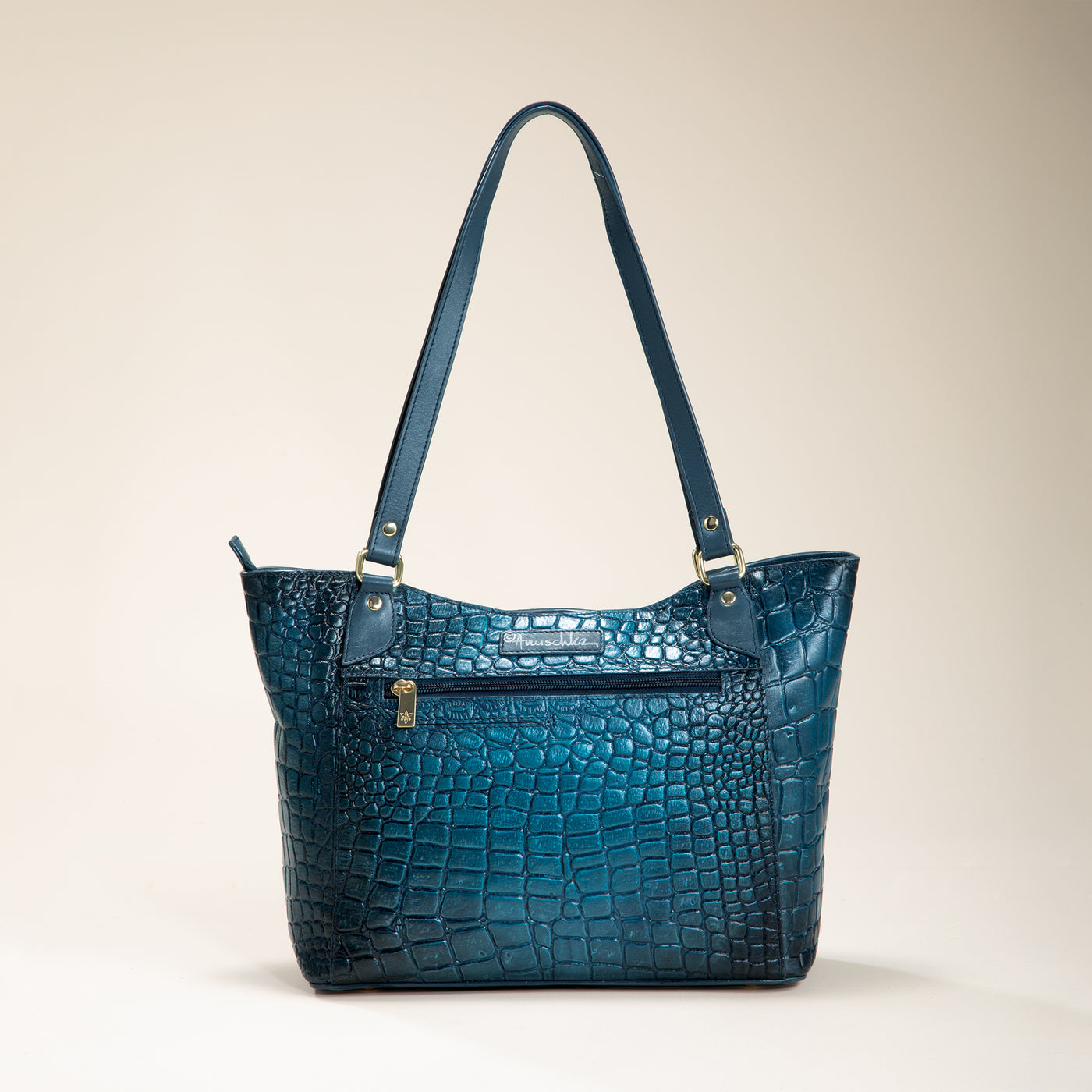 Hand-Painted Navy Croco Textured Leather Tote (Preorder)