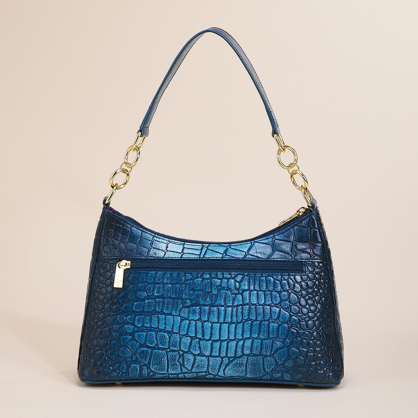 Hand-Painted Navy Croco Textured Leather Hobo
