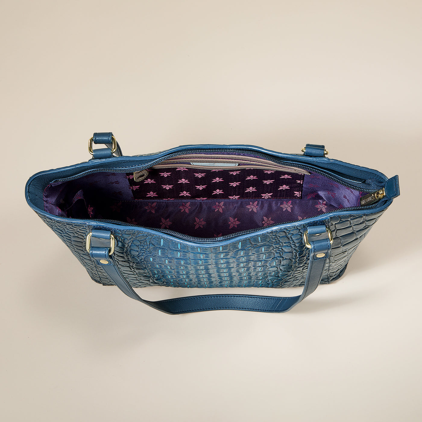 Hand-Painted Navy Croco Textured Leather Tote (Preorder)