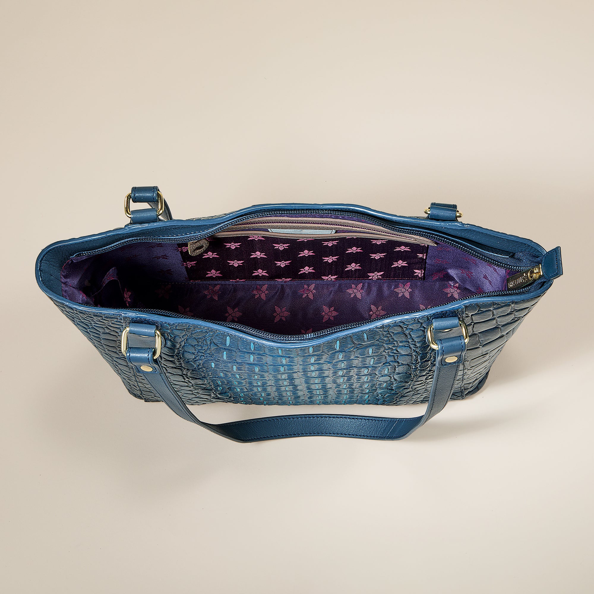 Hand-Painted Navy Croco Textured Leather Tote (Preorder)