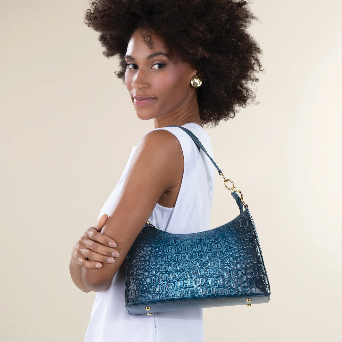 Hand-Painted Navy Croco Textured Leather Hobo