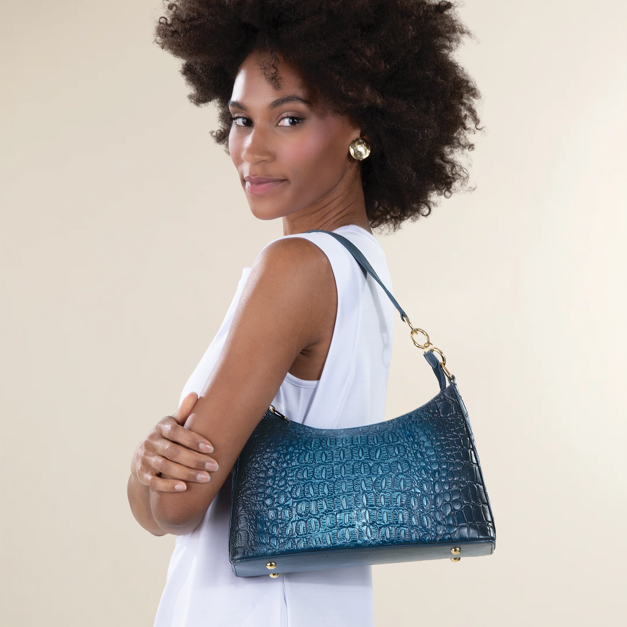 Hand-Painted Navy Croco Textured Leather Hobo