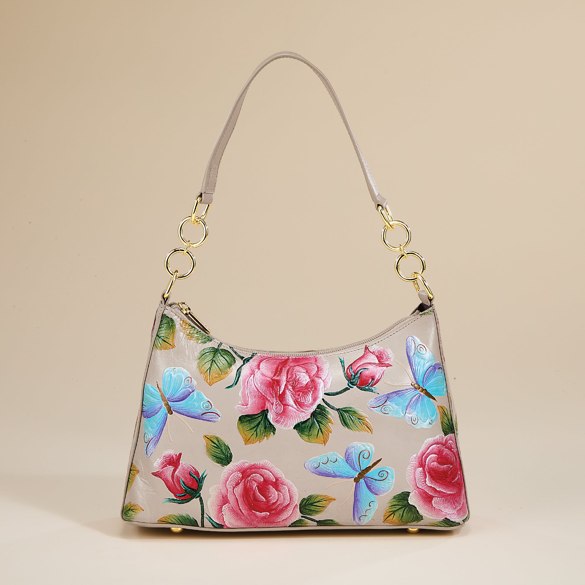 Hand-Painted Colored Roses & Butterflies Hobo Bag