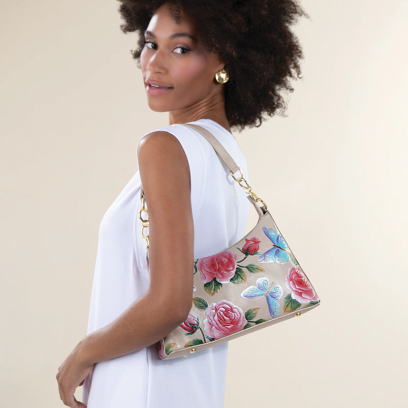 Hand-Painted Colored Roses & Butterflies Hobo Bag