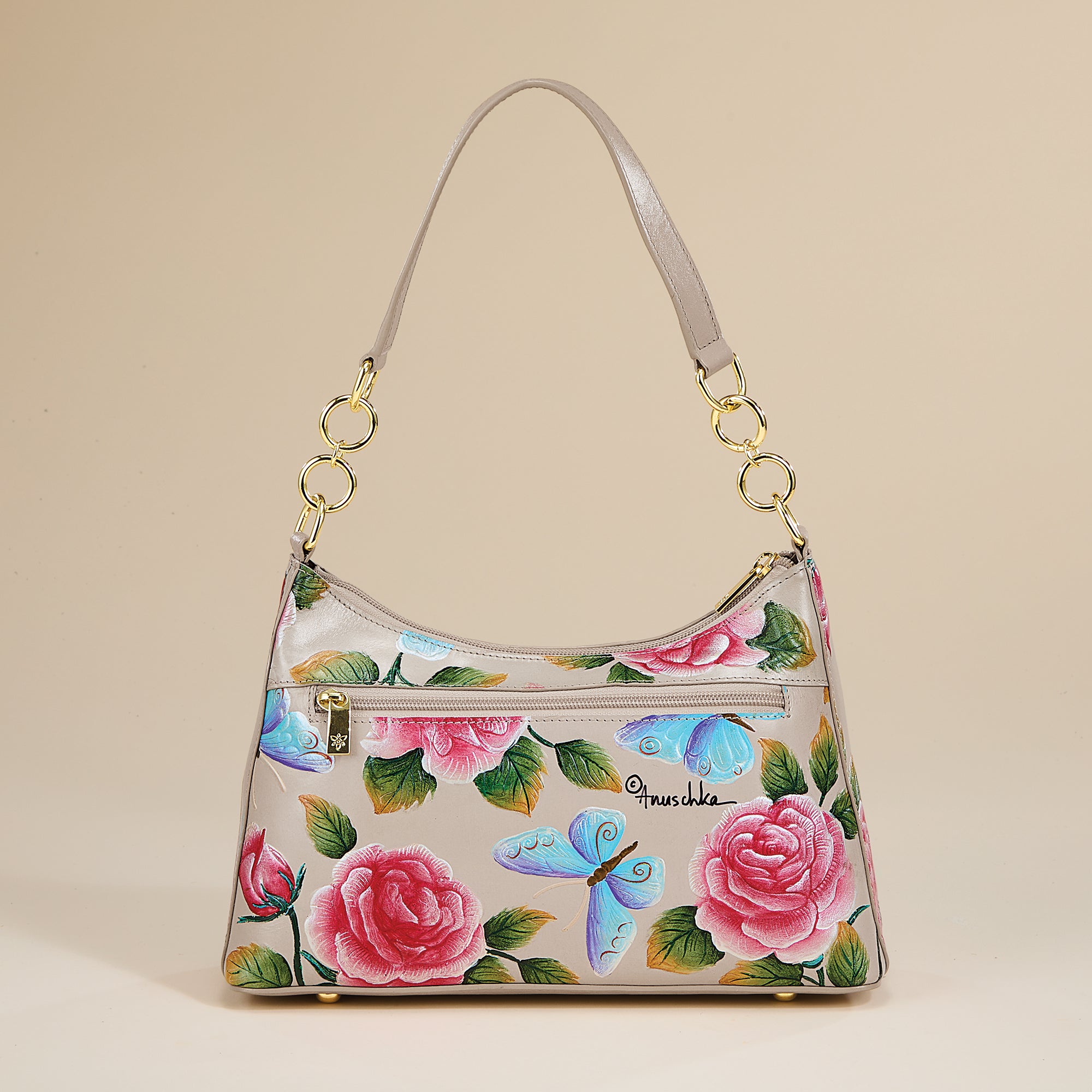 Hand-Painted Colored Roses & Butterflies Hobo Bag