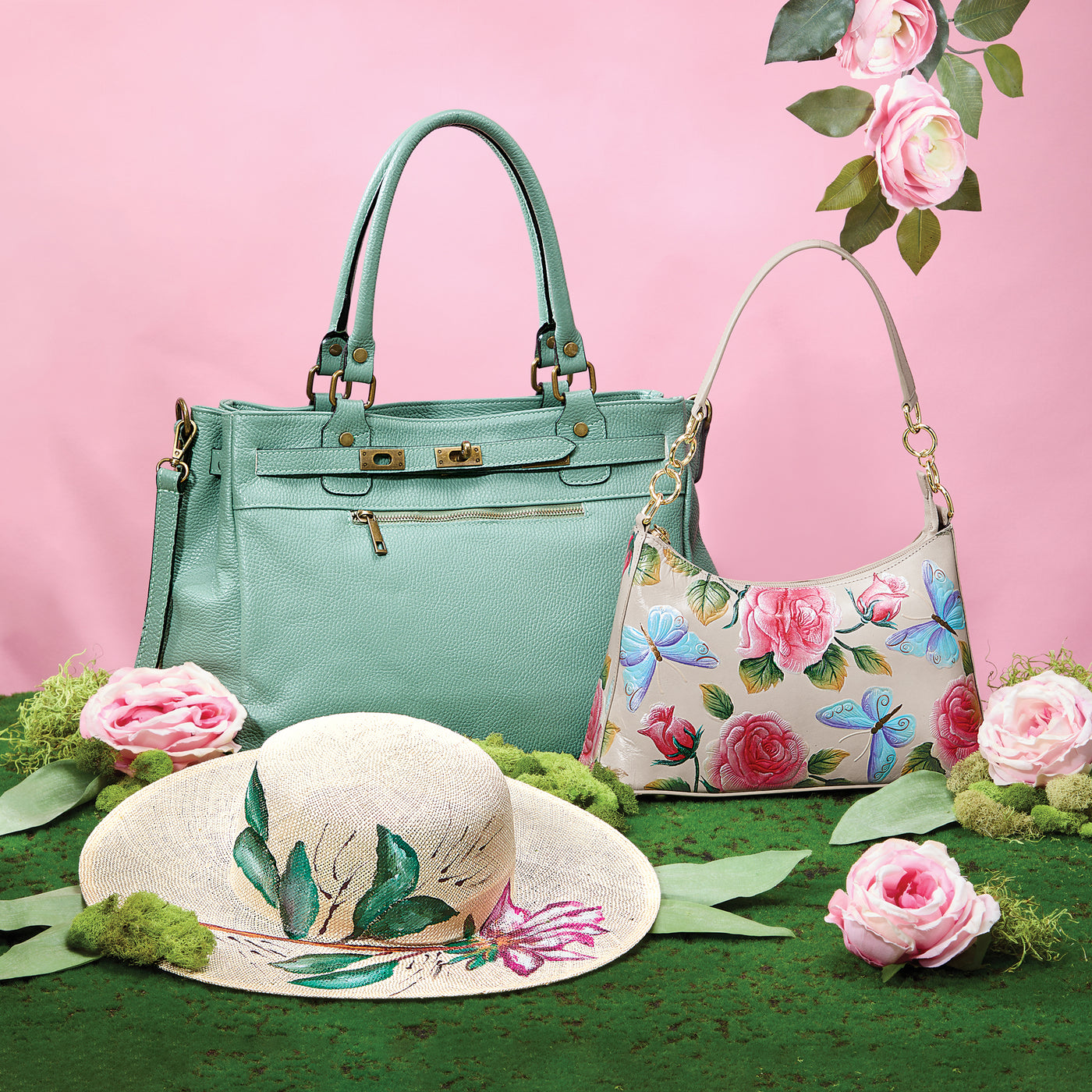 Hand-Painted Colored Roses & Butterflies Hobo Bag