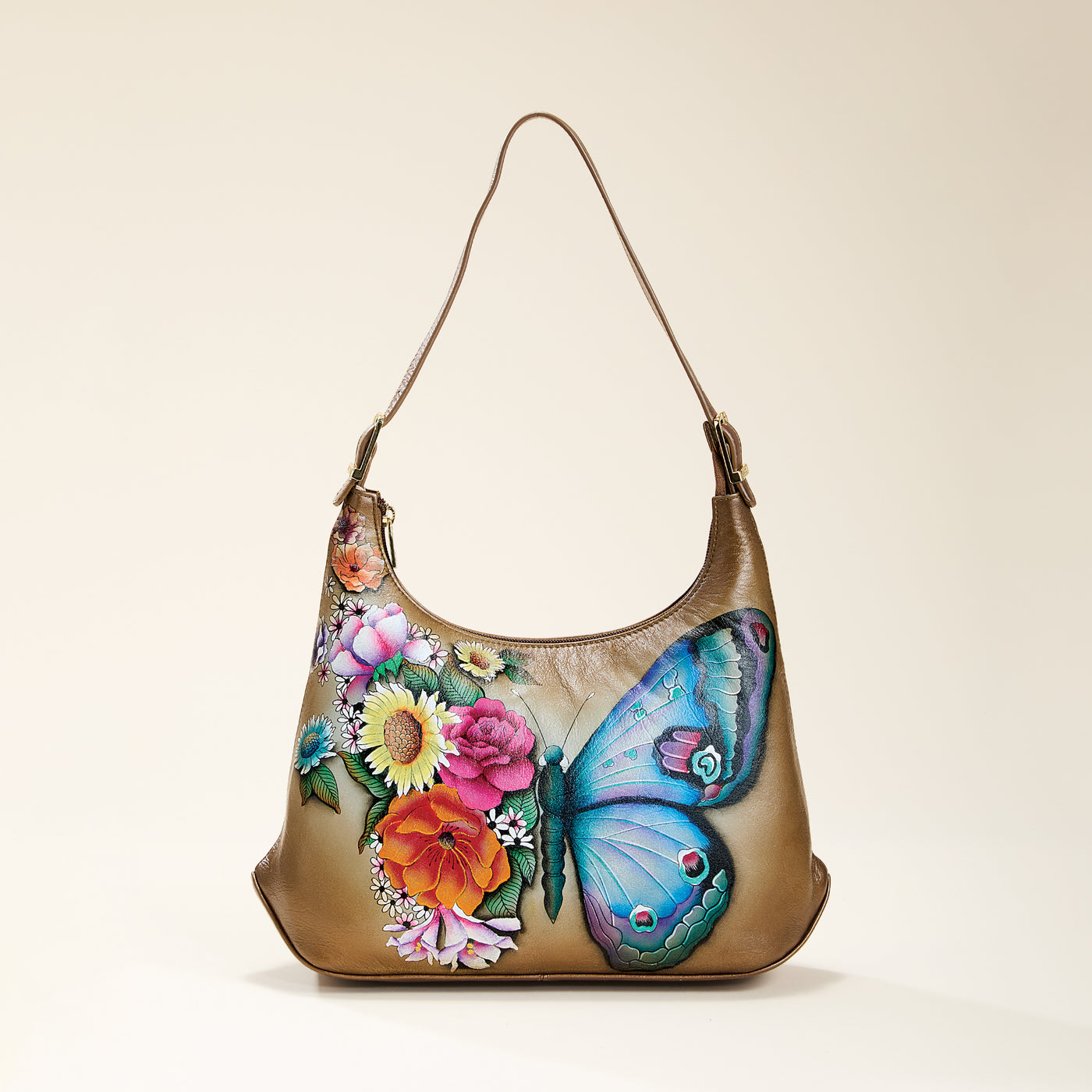 Hand-Painted Blooming Butterfly Beige Hobo Bag