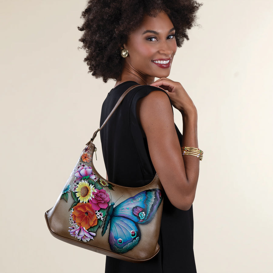 Hand-Painted Blooming Butterfly Beige Hobo Bag