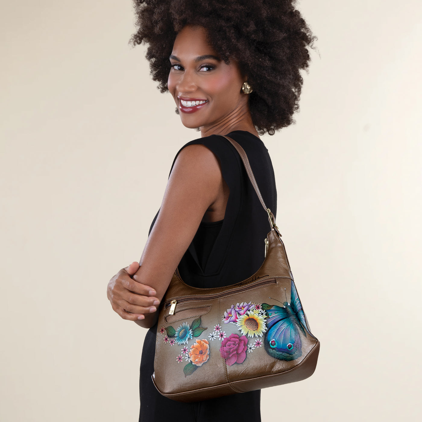 Hand-Painted Blooming Butterfly Beige Hobo Bag