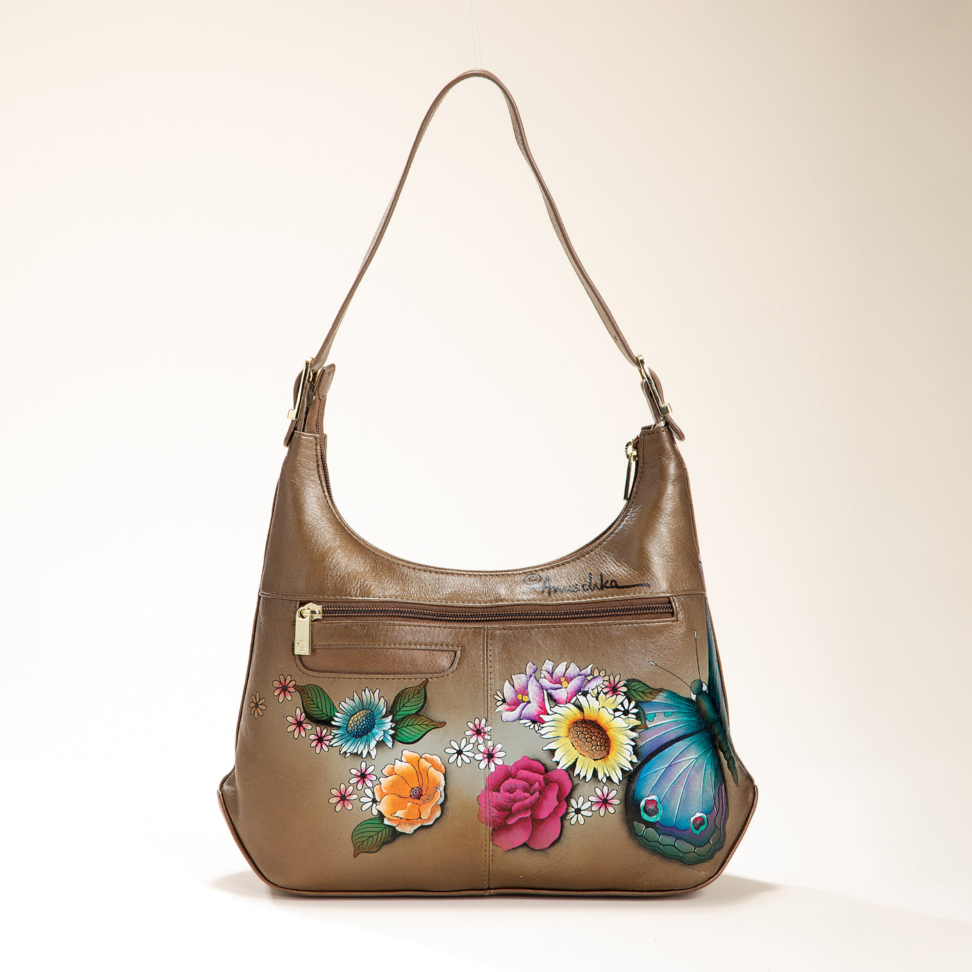 Hand-Painted Blooming Butterfly Beige Hobo Bag