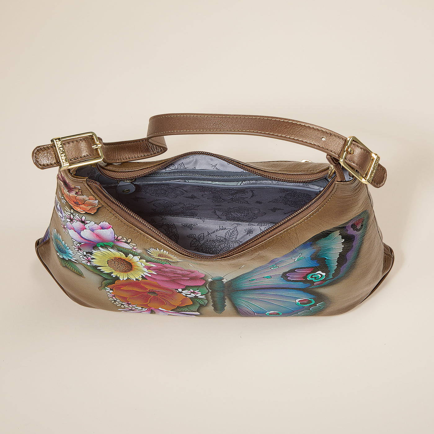 Hand-Painted Blooming Butterfly Beige Hobo Bag