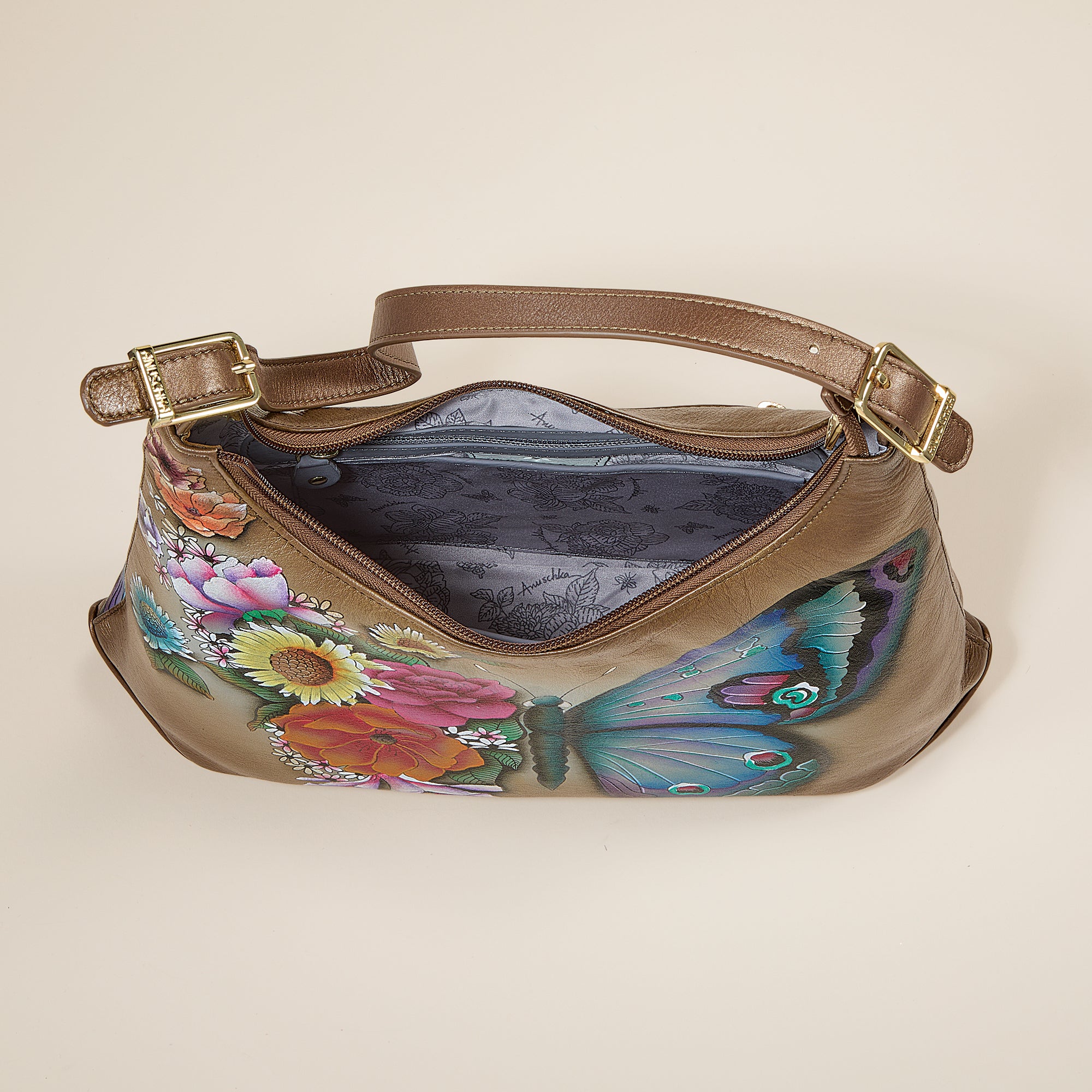 Hand-Painted Blooming Butterfly Beige Hobo Bag