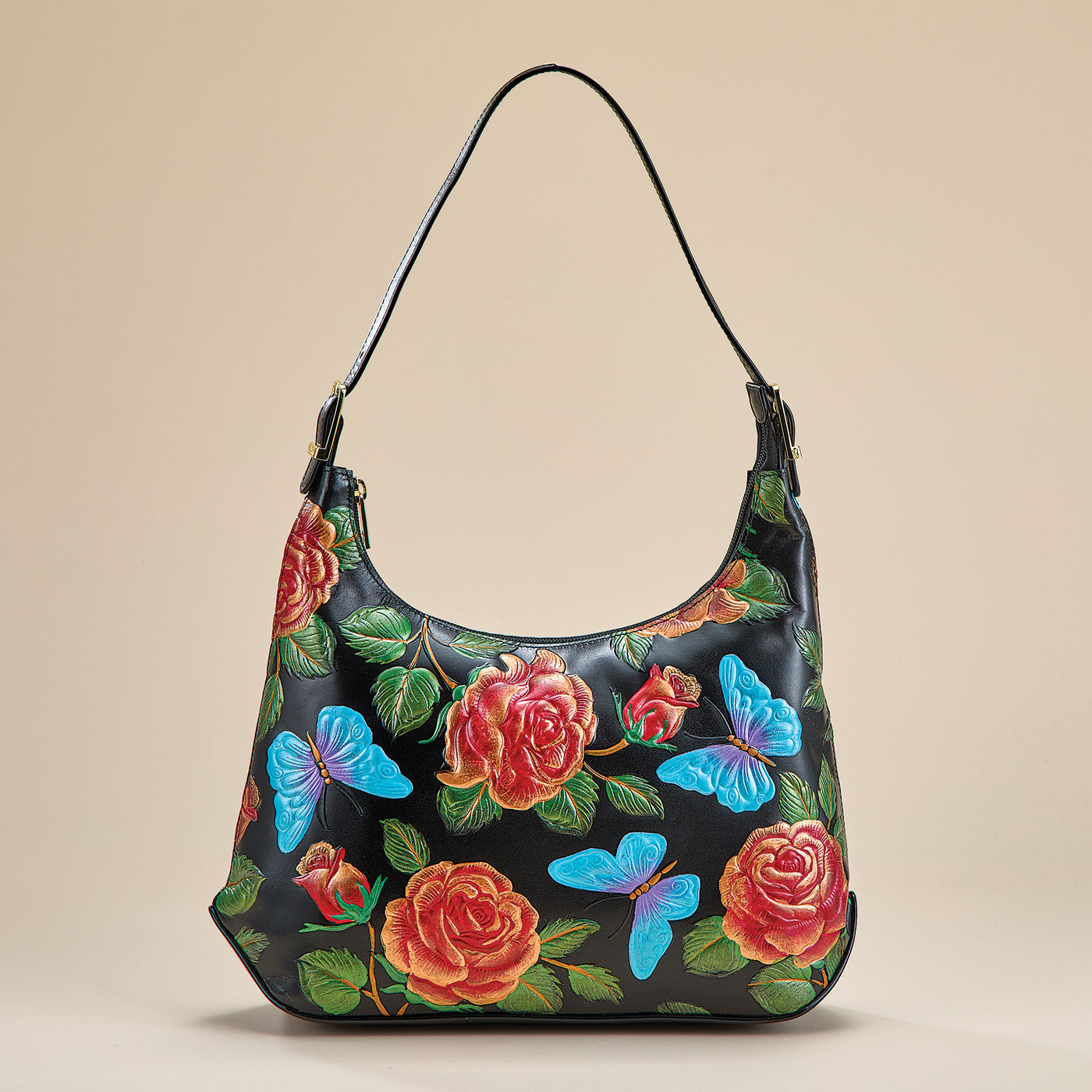 Hand-Painted Butterflies & Roses Black Leather Crossbody