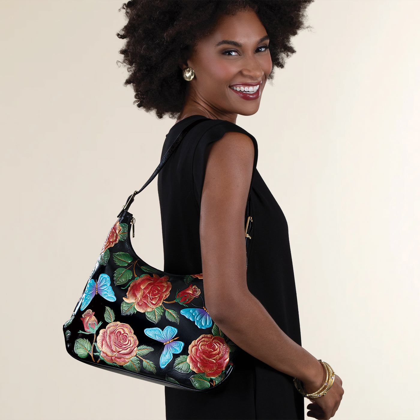 Hand-Painted Butterflies & Roses Black Leather Crossbody