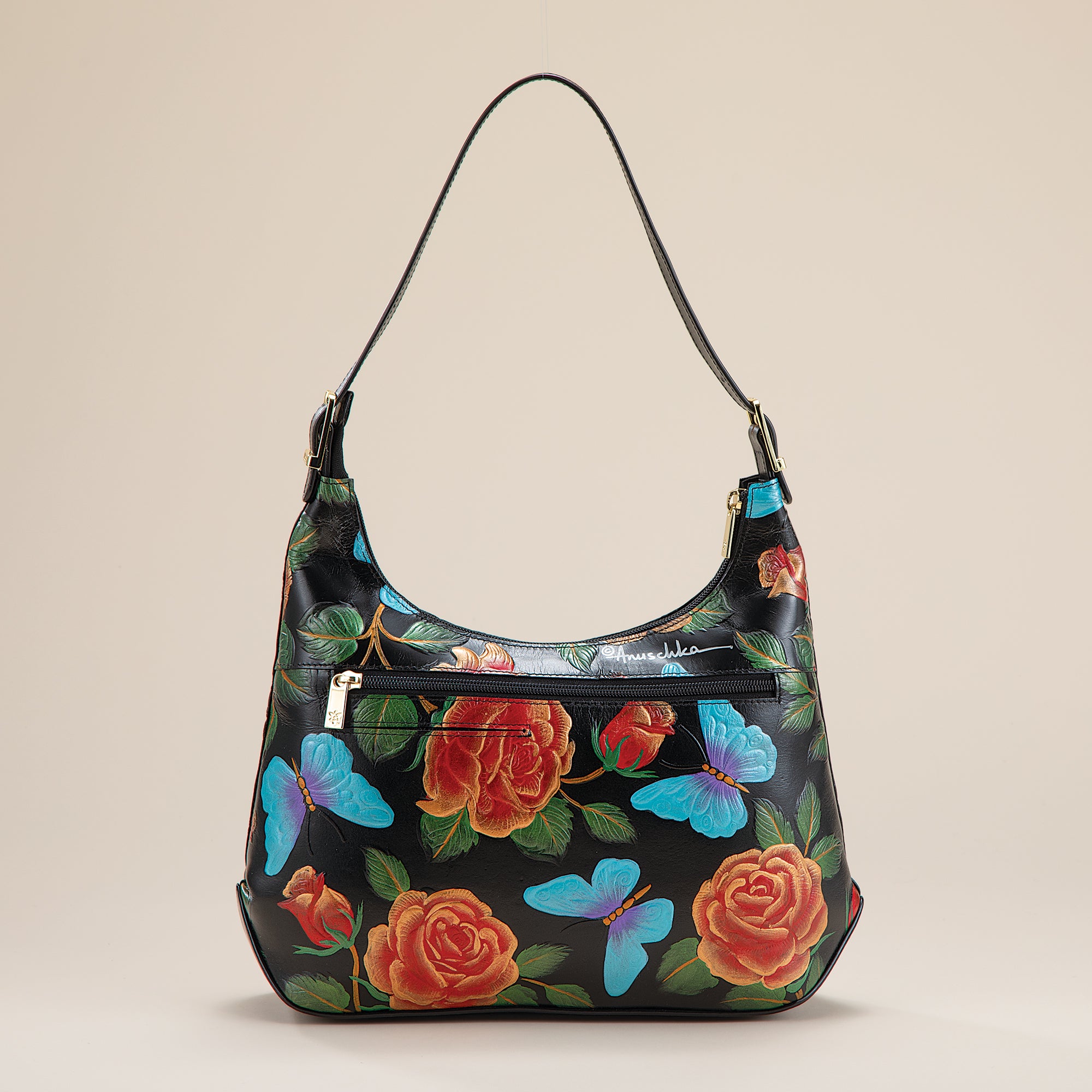 Hand-Painted Butterflies & Roses Black Leather Crossbody