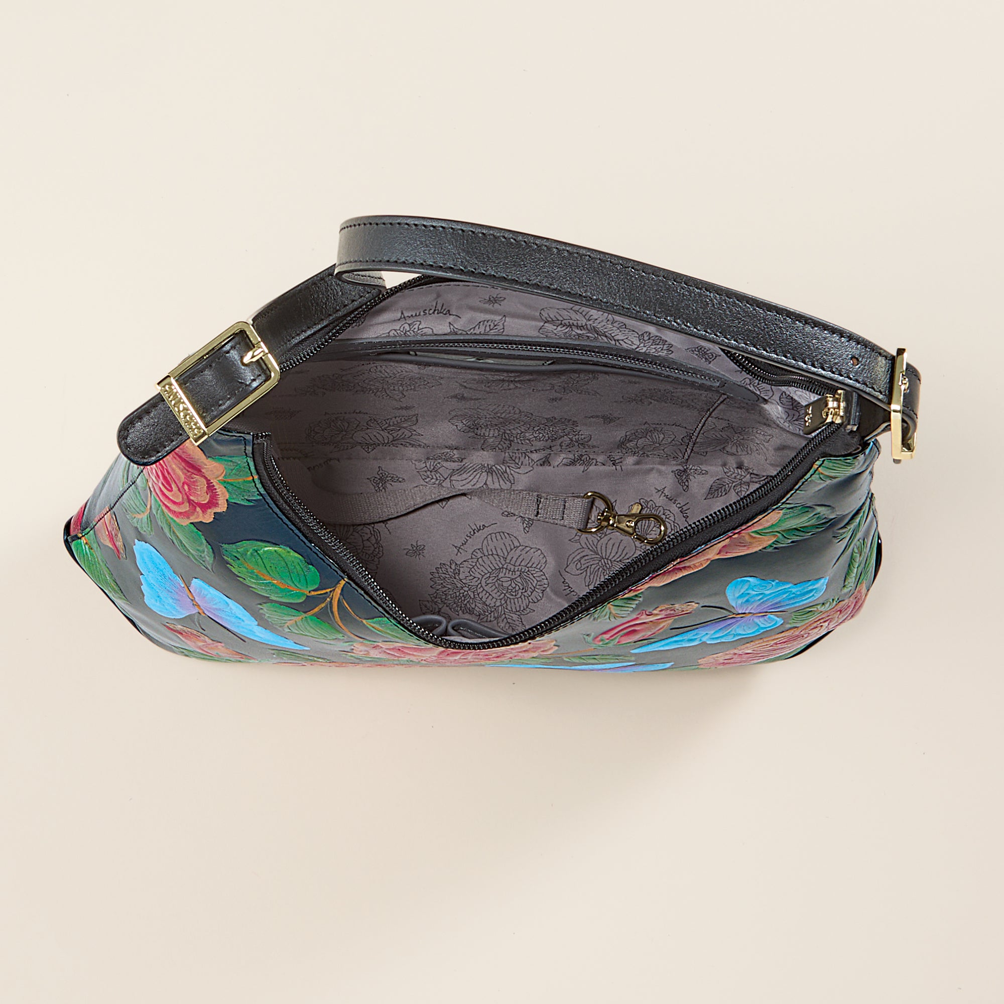 Hand-Painted Butterflies & Roses Black Leather Crossbody