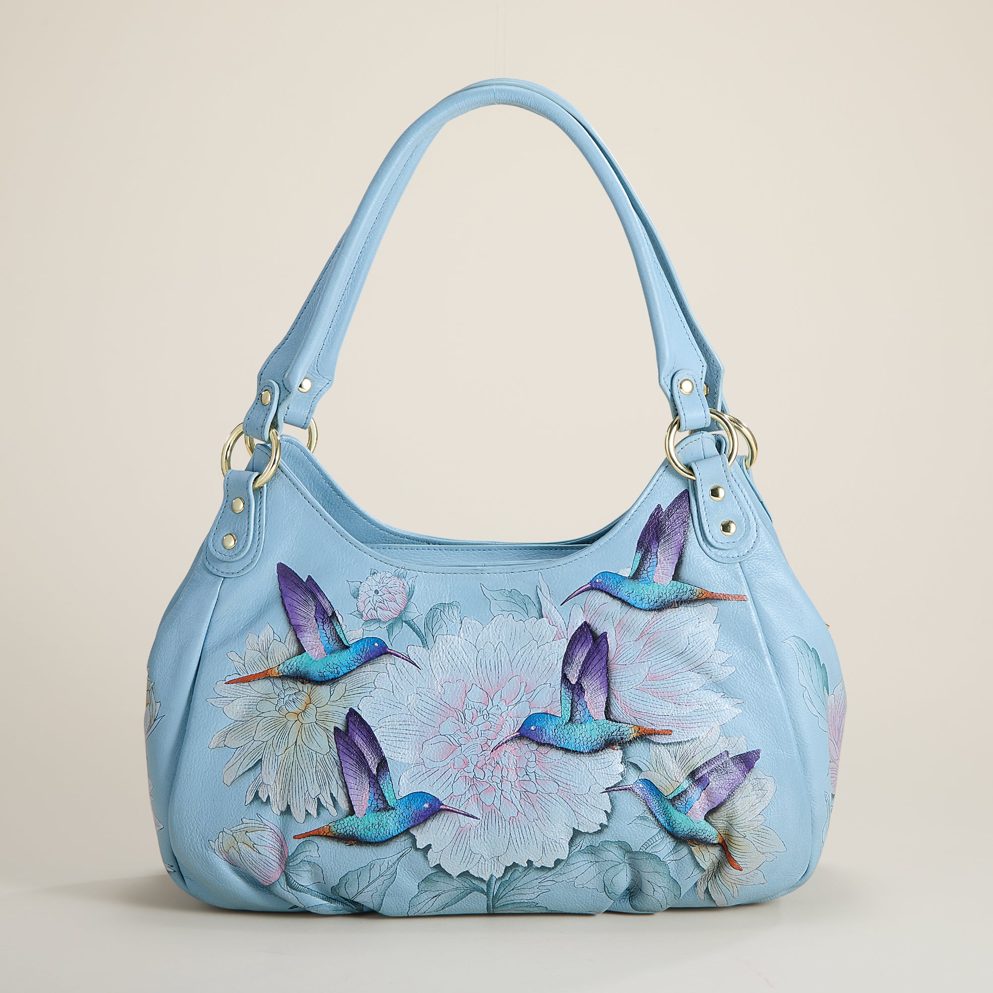 Hand-Painted Light Blue Hummingbird Hobo Bag
