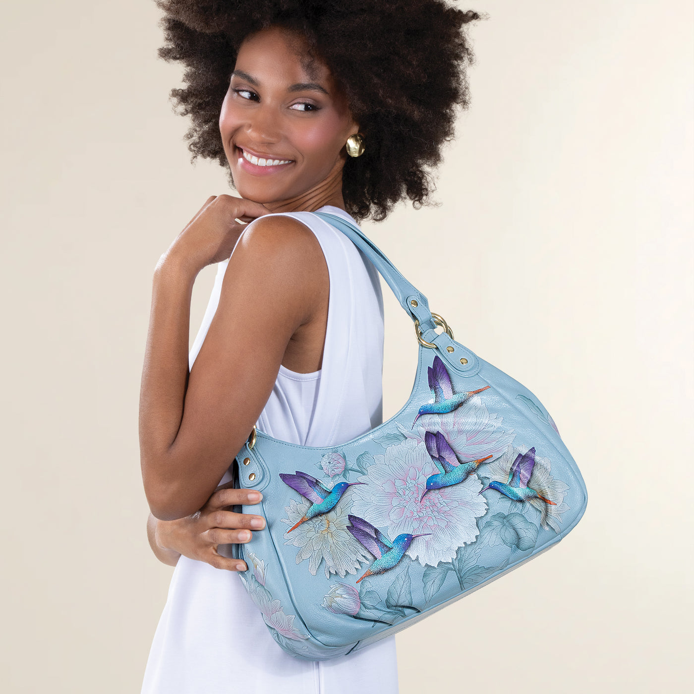 Hand-Painted Light Blue Hummingbird Hobo Bag