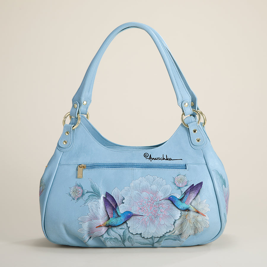 Hand-Painted Light Blue Hummingbird Hobo Bag
