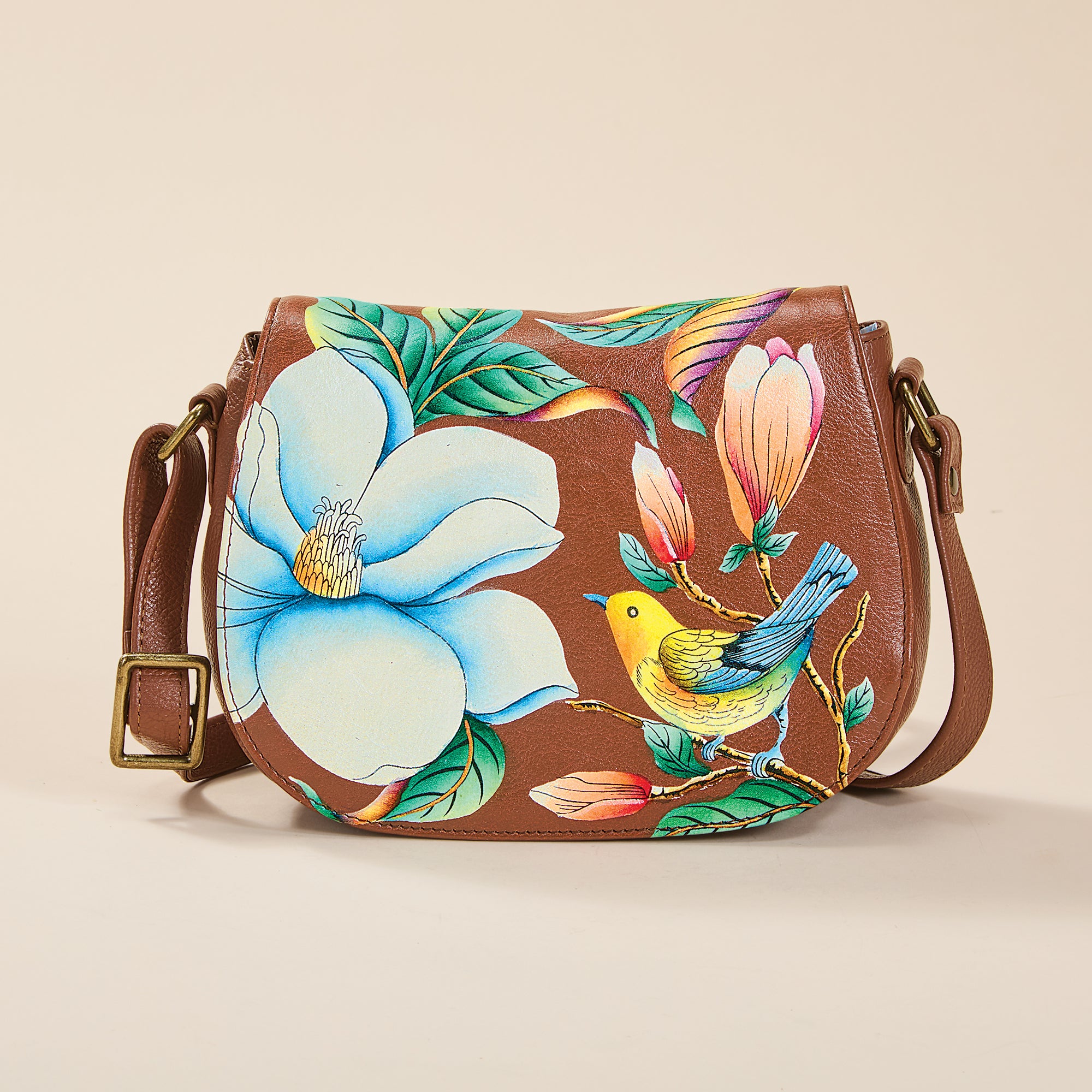 Hand-Painted Finch in the Flowers Leather Crossbody (Preorder)