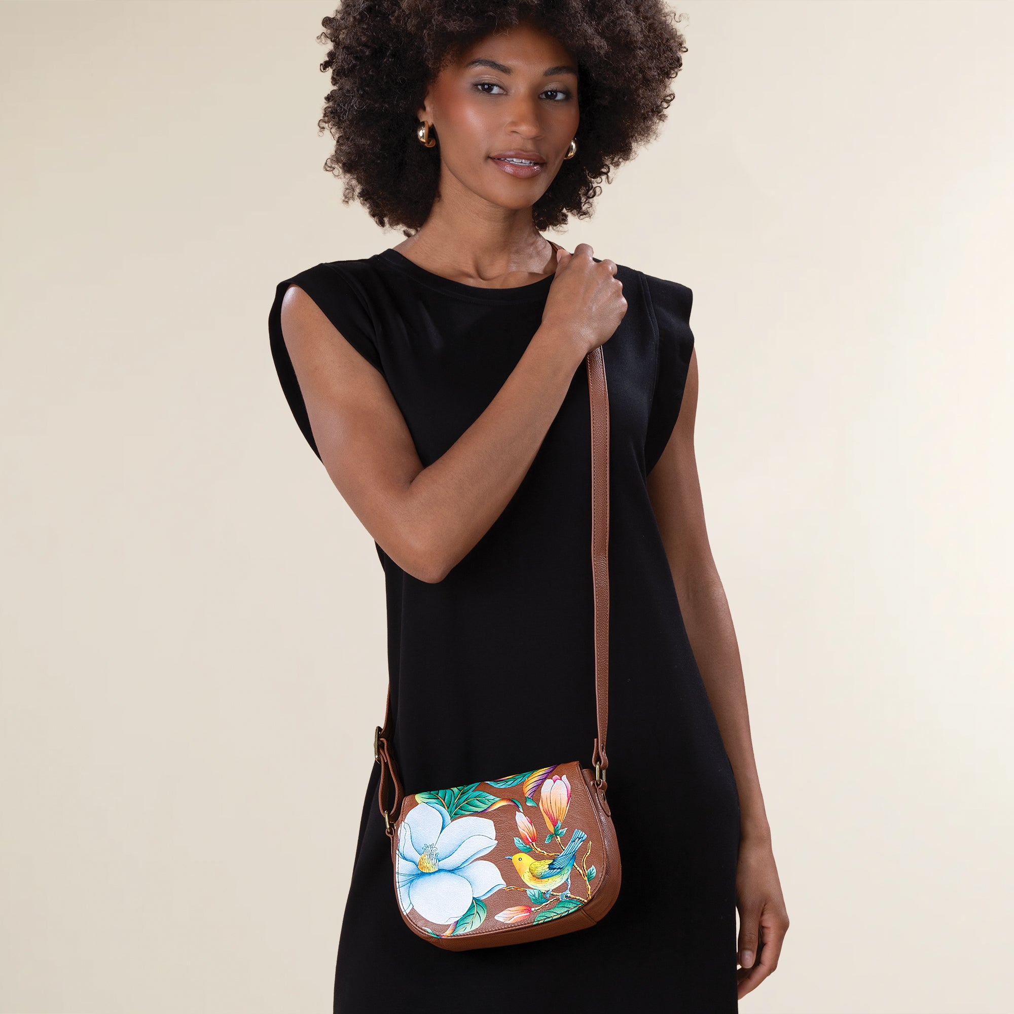Hand-Painted Finch in the Flowers Leather Crossbody (Preorder)