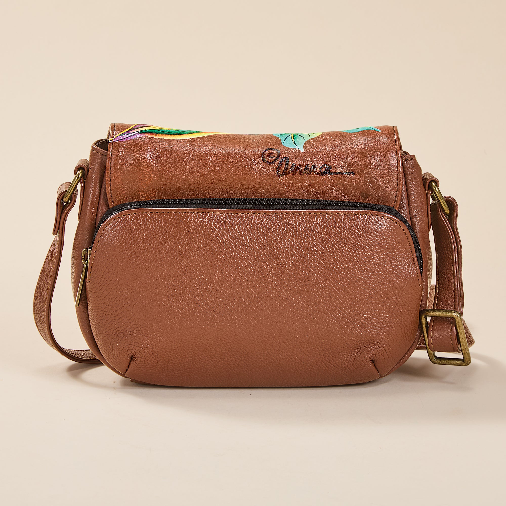 Hand-Painted Finch in the Flowers Leather Crossbody (Preorder)