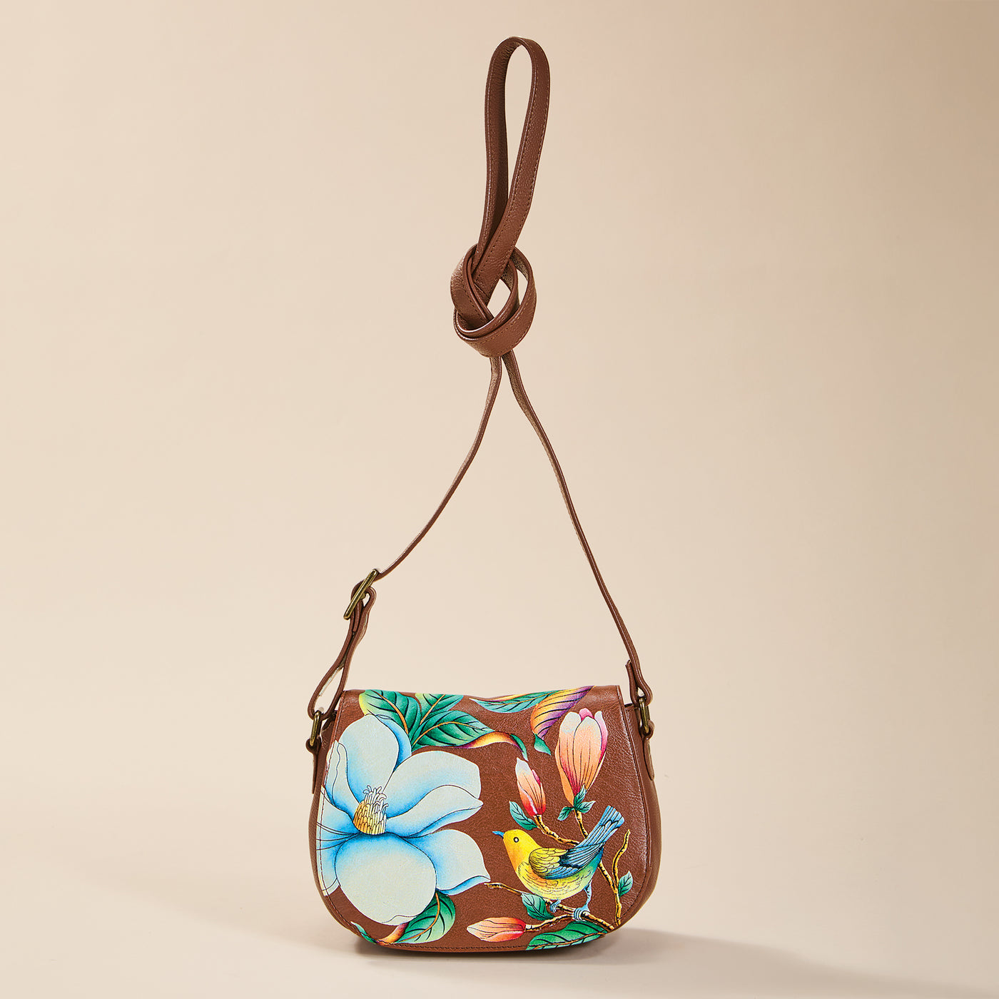 Hand-Painted Finch in the Flowers Leather Crossbody (Preorder)