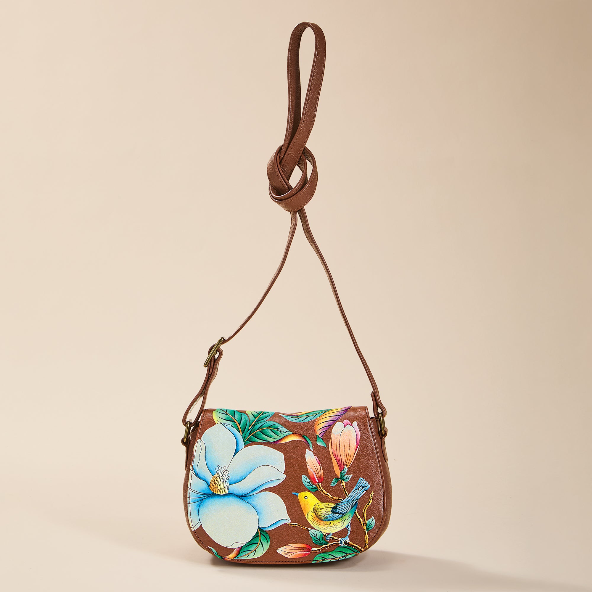 Hand-Painted Finch in the Flowers Leather Crossbody (Preorder)