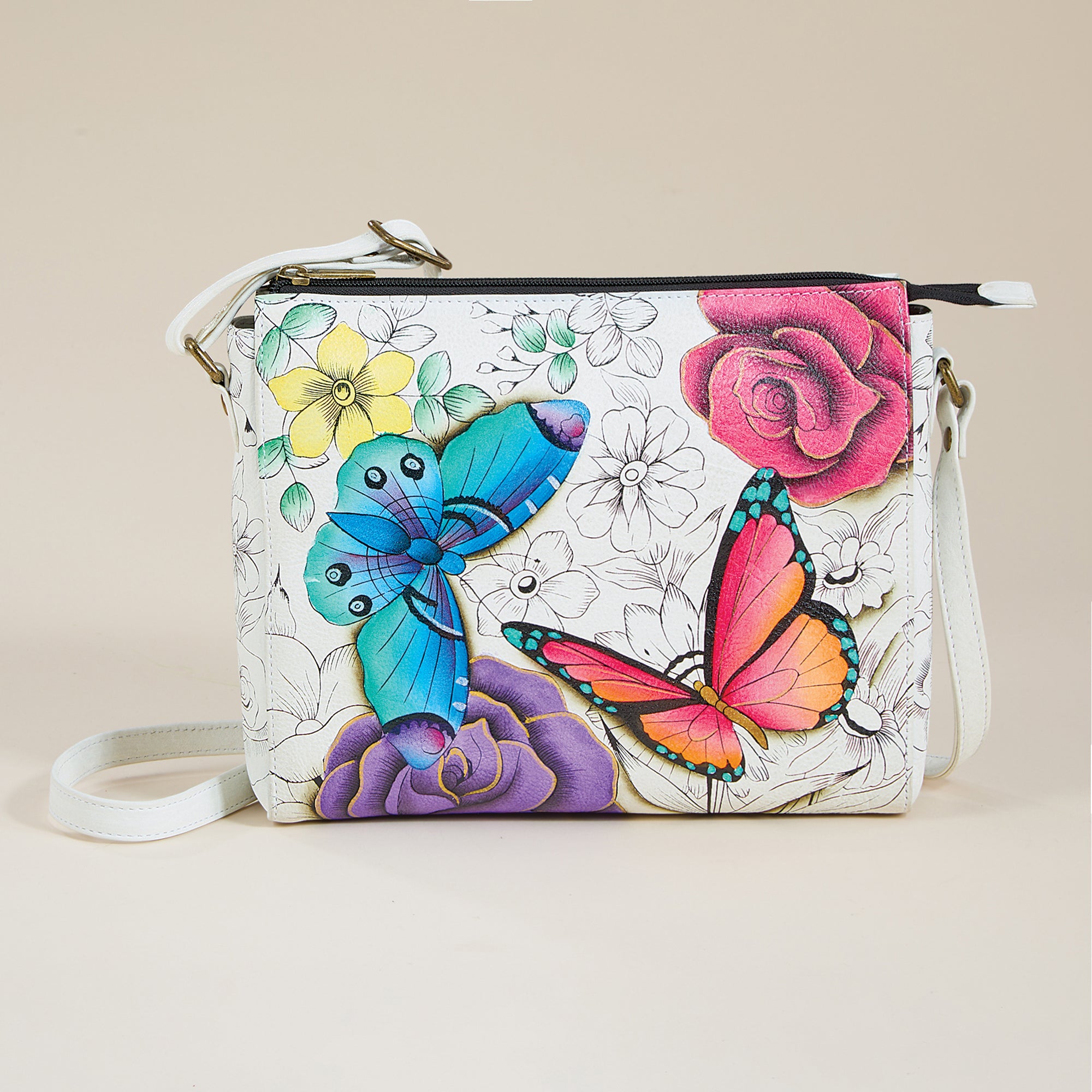 Hand-Painted Butterflies & Garden Flowers Crossbody