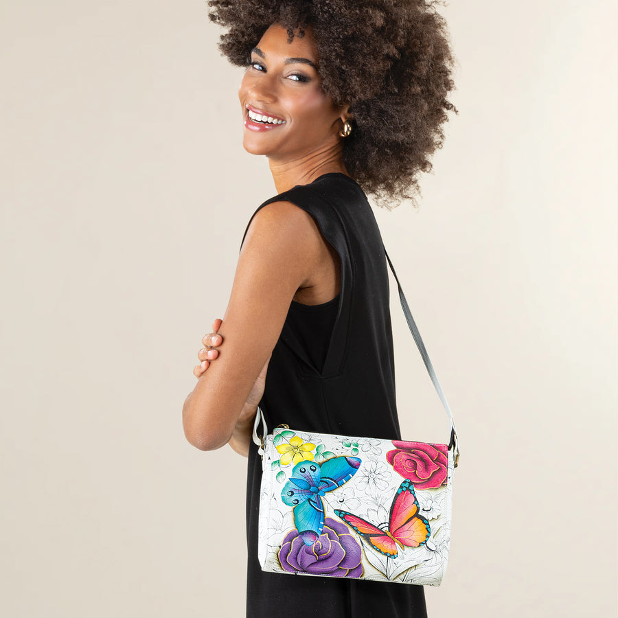 Hand-Painted Butterflies & Garden Flowers Crossbody
