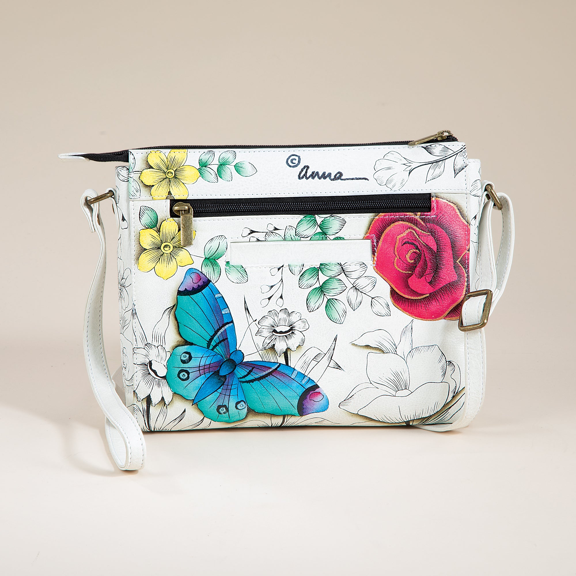 Hand-Painted Butterflies & Garden Flowers Crossbody