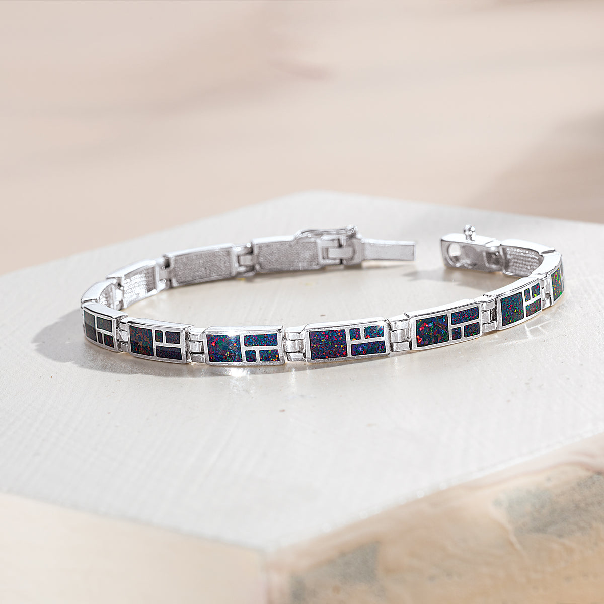 Black Fiery Opal Rectangle Links Bracelet
