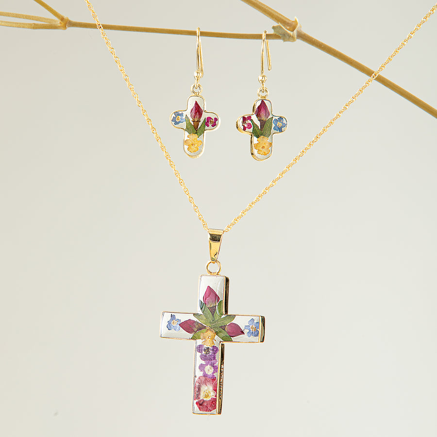 Forever Flowers Cross Necklace & Earrings Set