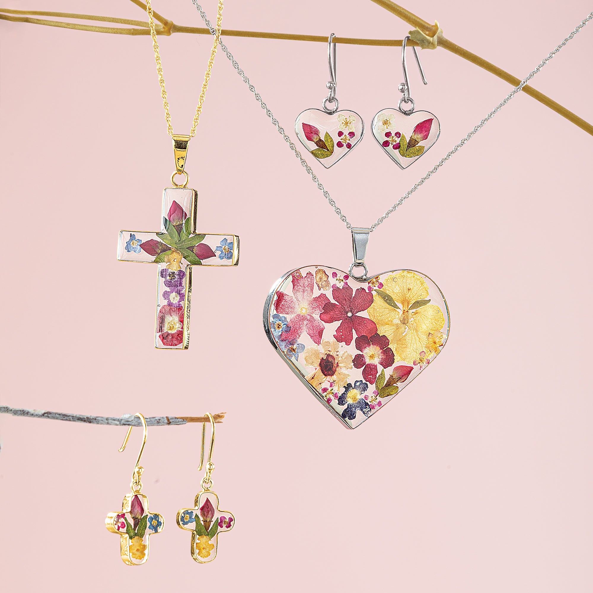 Forever Flowers Cross Necklace & Earrings Set