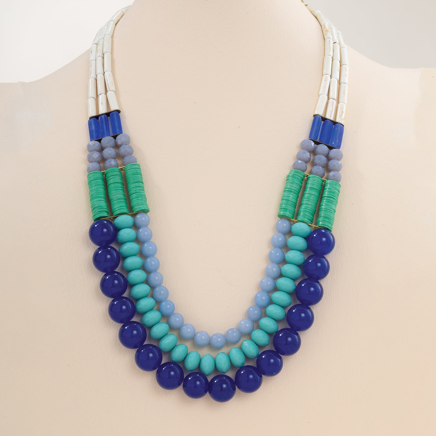 Modern Blue Stone Triple Strand Statement Necklace
