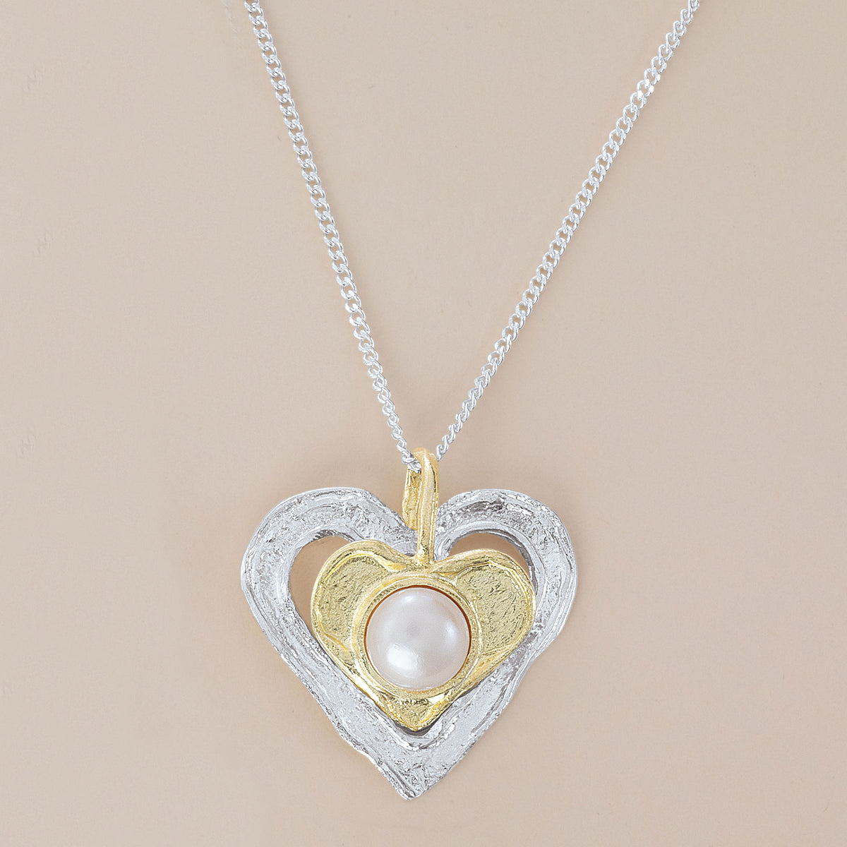 Silver & Gold Heart Necklace With Freshwater Pearl (Preorder)
