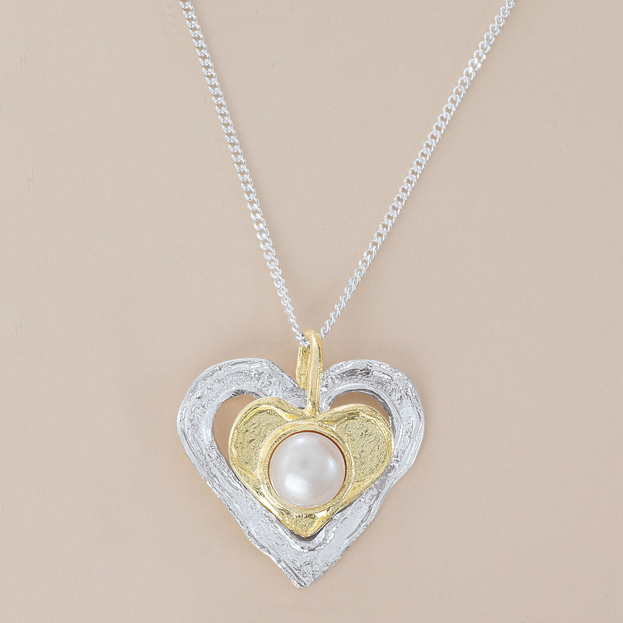 Silver & Gold Heart Necklace With Freshwater Pearl (Preorder)