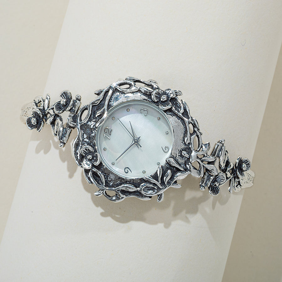 Sterling Silver Floral Cuff Watch