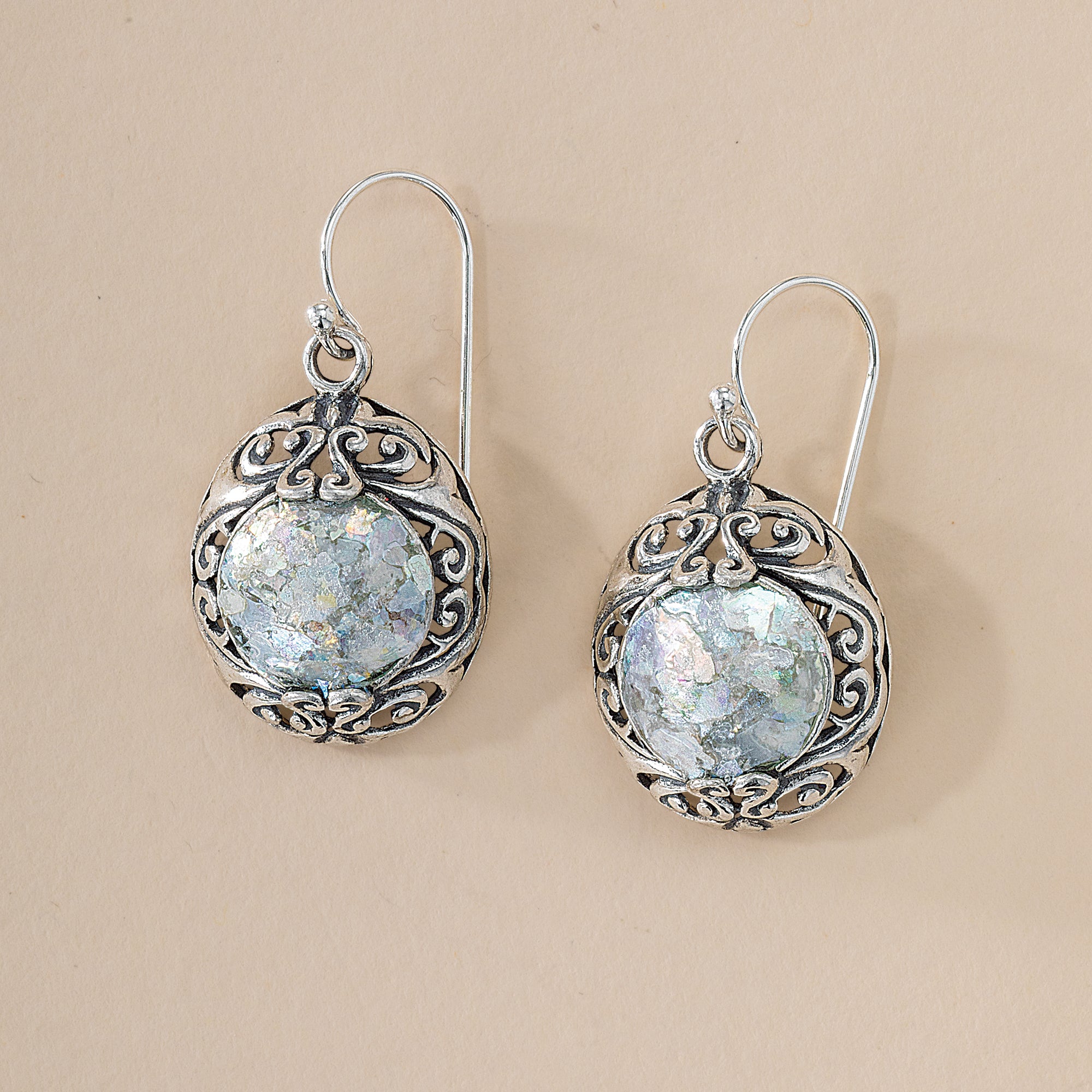 Roman Glass Sterling Silver Filigree-Bordered Earrings
