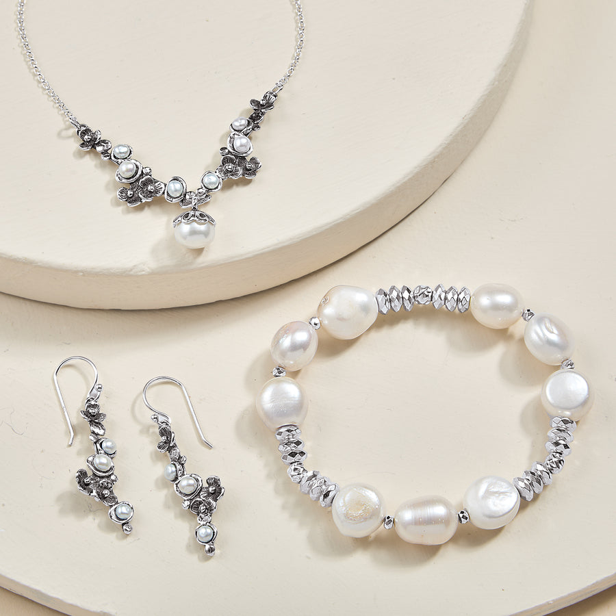 Florals & Freshwater Pearls Sterling Silver 3 Piece Jewelry Set