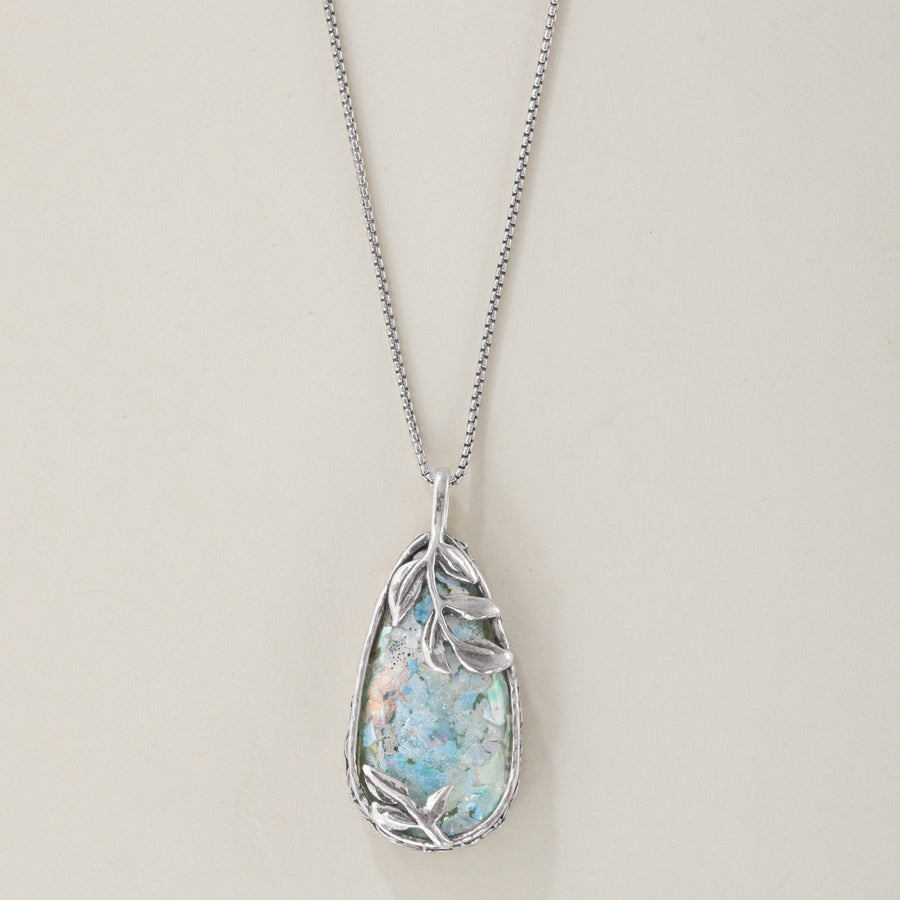 Roman Glass Vine Accented Teardrop Pendant Necklace (Preorder)