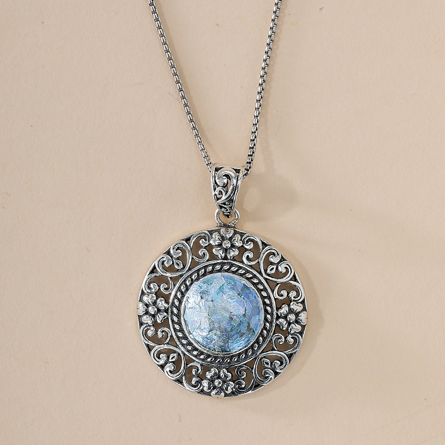 Roman Glass Sterling Silver Floral-Bordered Pendant Necklace