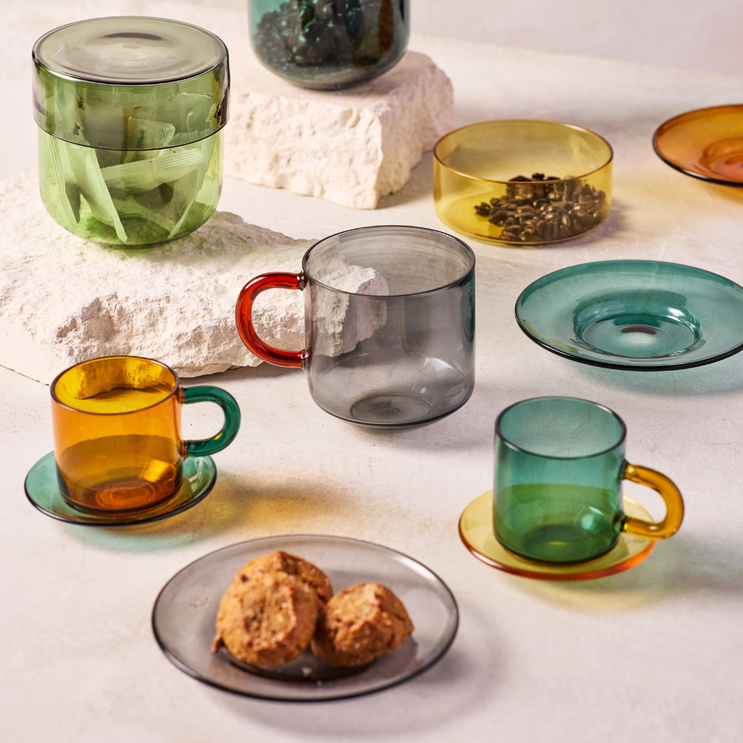 Jewel-Toned Glass Espresso Cup & Saucer, Set of 4