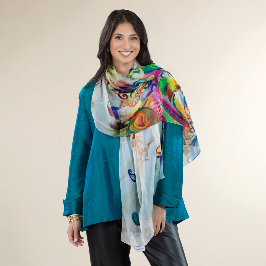Rainbow-Hued Paisley Italian Silk Scarf
