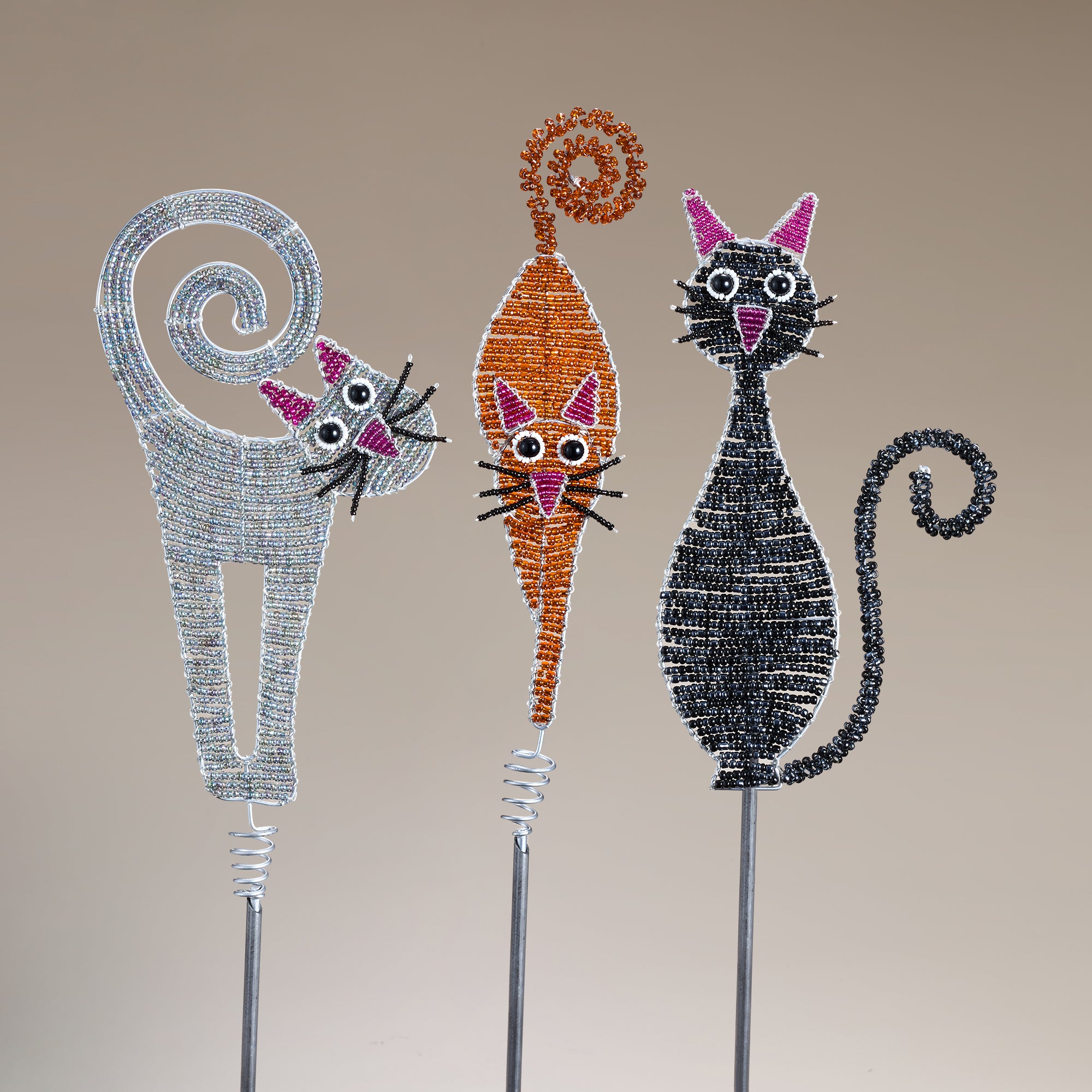 Hand-Beaded Cute Kitties Plant Stakes, Set of 3 (Preorder)