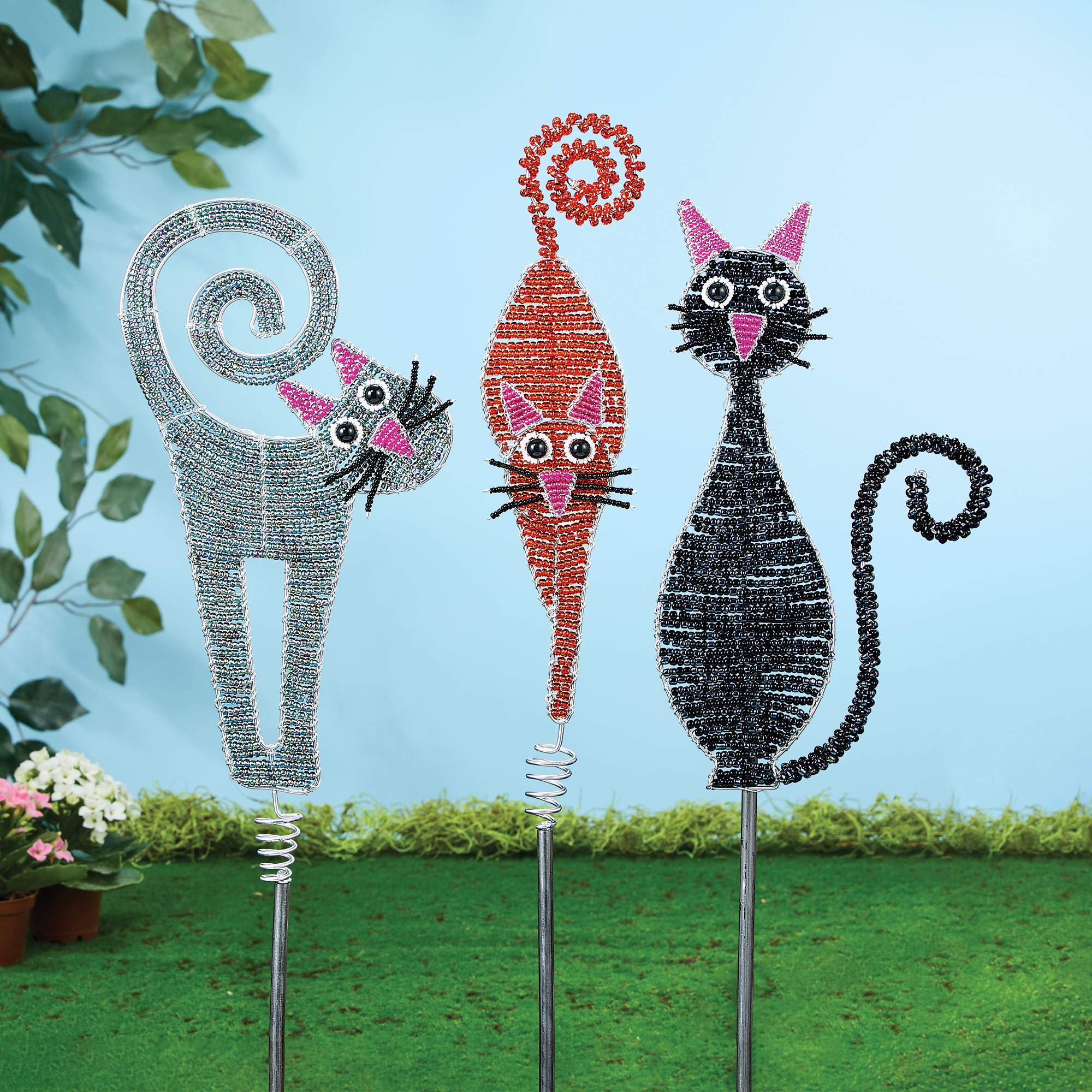 Hand-Beaded Cute Kitties Plant Stakes, Set of 3 (Preorder)