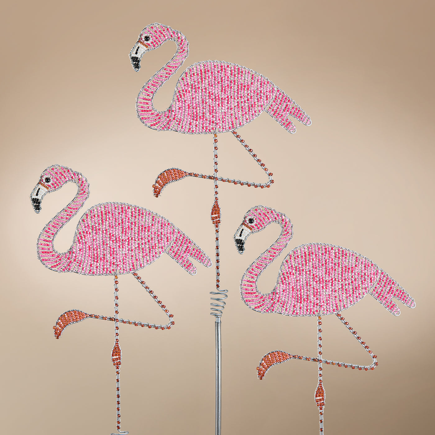 Hand-Beaded Flamingo Garden Stakes, Set of 3