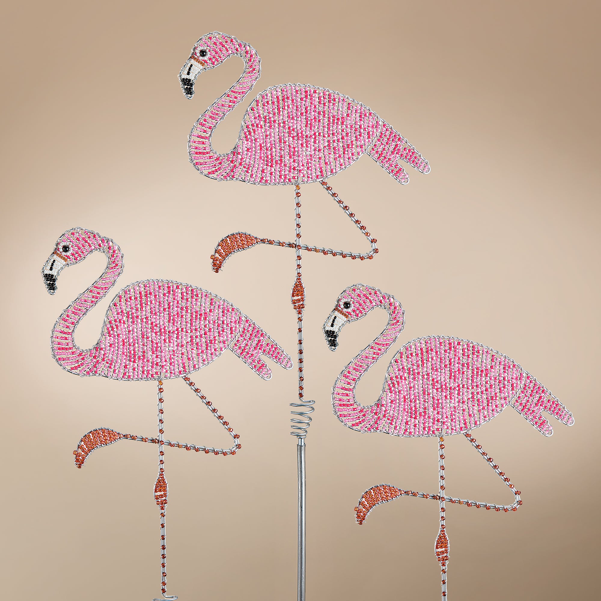 Hand-Beaded Flamingo Garden Stakes, Set of 3