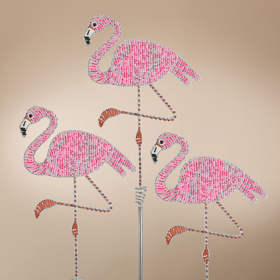 Hand-Beaded Flamingo Garden Stakes, Set of 3