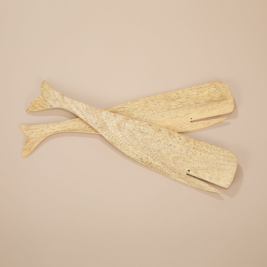 Hand-Carved Mango Wood Whale Utensil Serving Set
